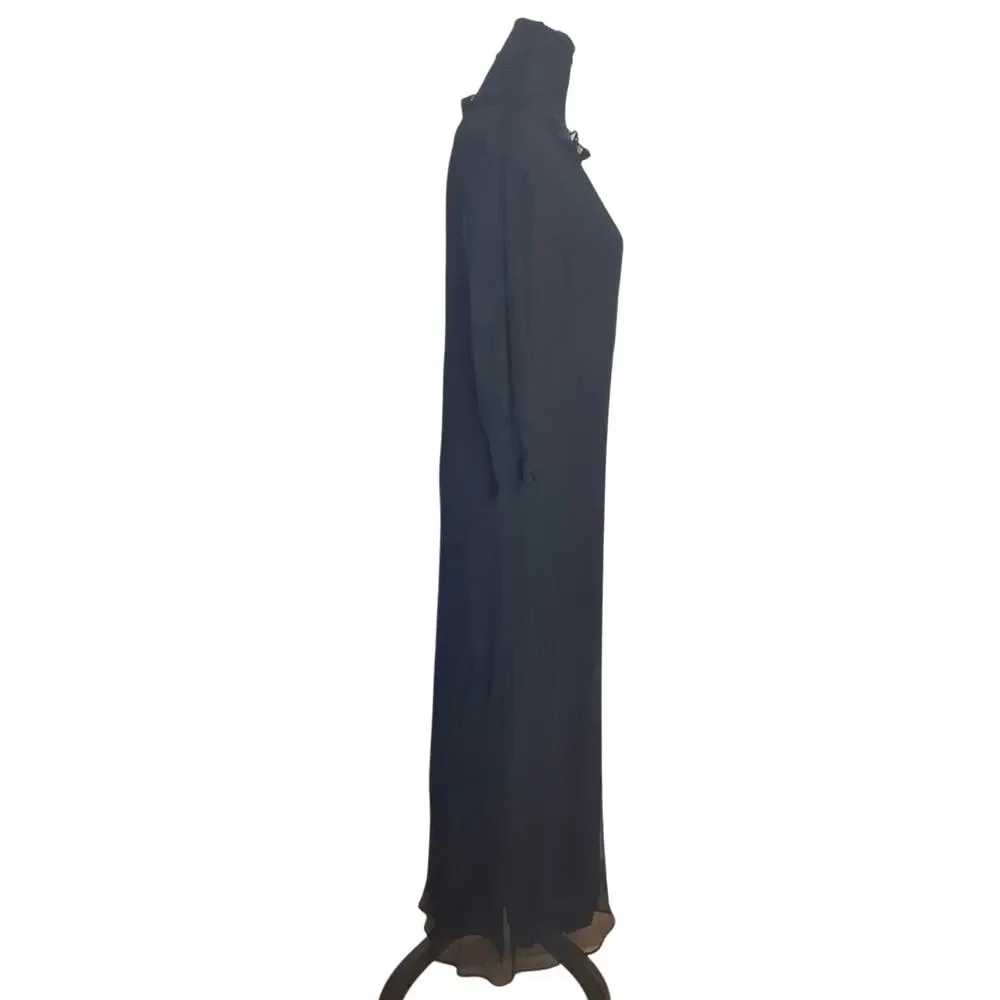 J Jill Black Silk Maxi Dress Size 10 Sheer Sleeve Button Back Elegant